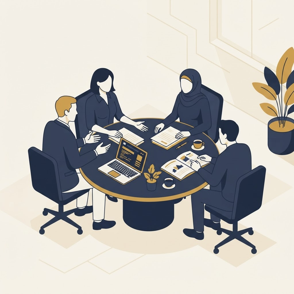 Isometric illustration of insurance advisors meeting with nonprofit clients