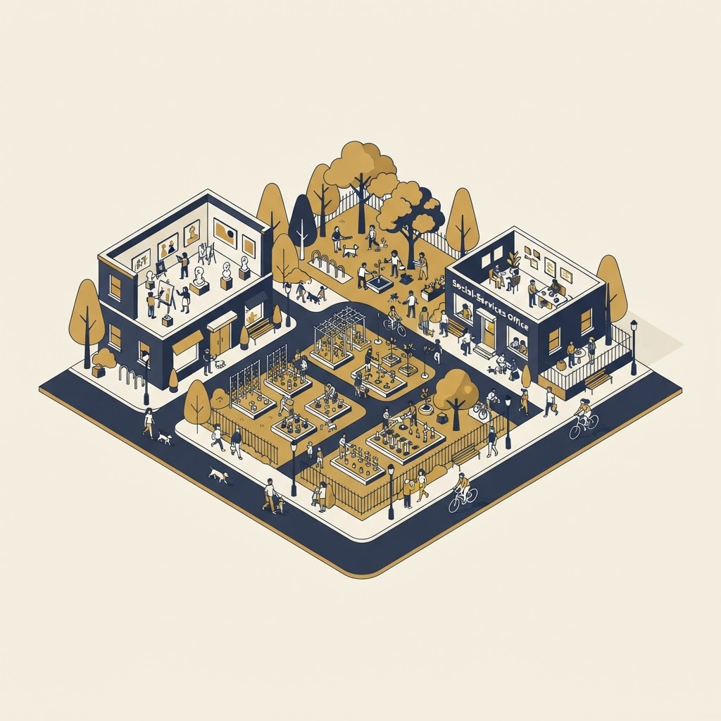 Isometric illustration of a nonprofit community block with gardens and offices
