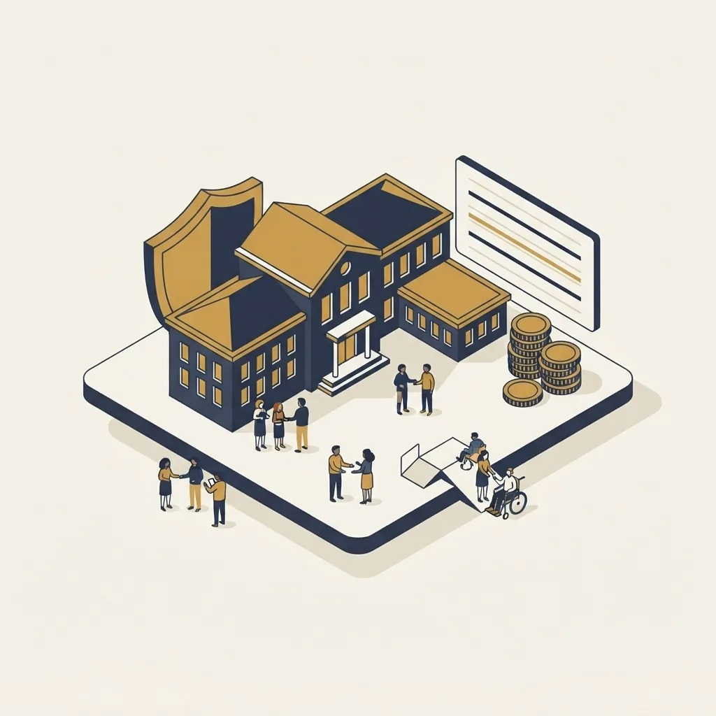 Isometric illustration of a nonprofit protected by a shield with stable, predictable budgeting