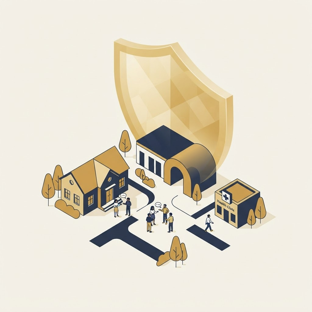 Isometric illustration of nonprofit community buildings protected under a shield