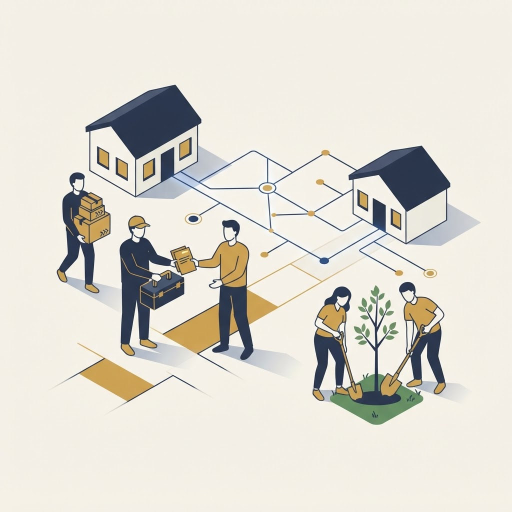 Isometric illustration of volunteers sharing a toolkit, connecting nonprofits, and planting a tree