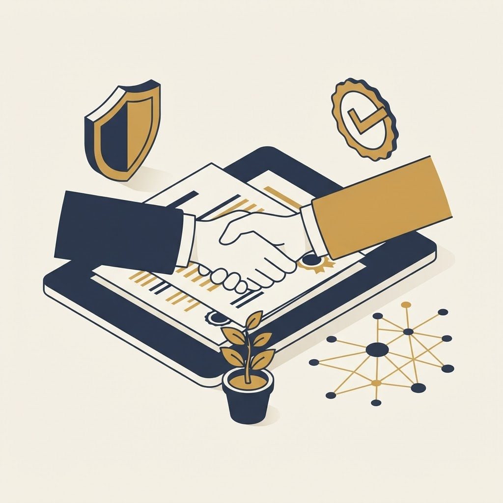 Isometric illustration of a handshake over a policy with trust symbols